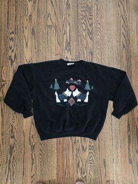 Separate Issue Black Women's Holiday Crewneck Sweatshirt Festive Dog Motif Small